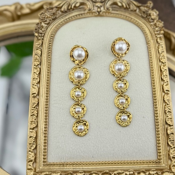 Gold Drop Earrings with Imitation Pearls – Stainless Steel, Real Gold Plated - Picture 13 of 17